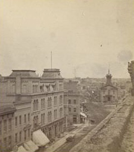 Elevated stereograph of East Water Street showing City Hall, 1875