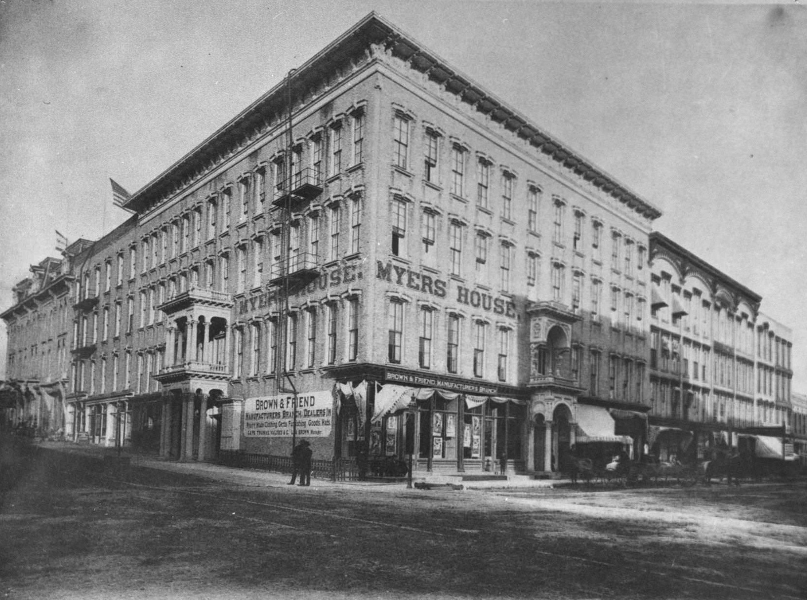 Myers House Hotel built in 1859 on the corner of Main and Milwaukee Streets by Peter Myers. U. S. Grant is said to have stayed overnight at the hotel on September 8, 1870.