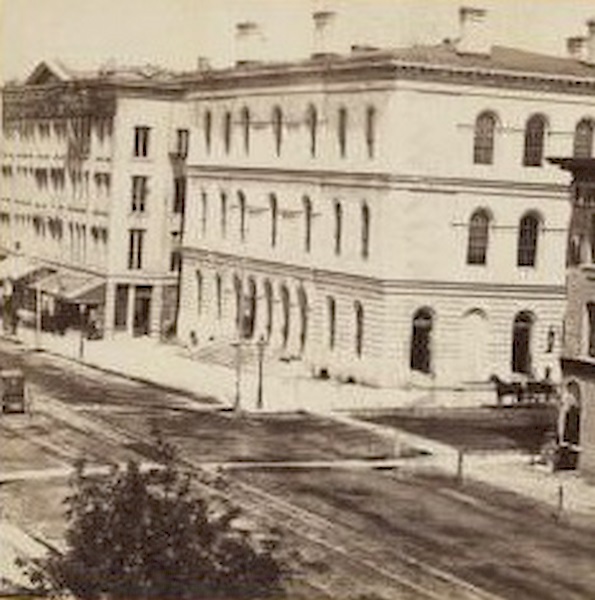 Elevated view of corner of Milwaukee and Wisconsin Streets, 1880