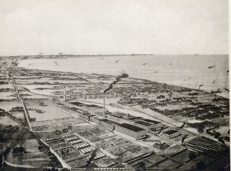 Bird's-eye view of Cudahy showing stock yards and the Cudahy packing houses, 1892