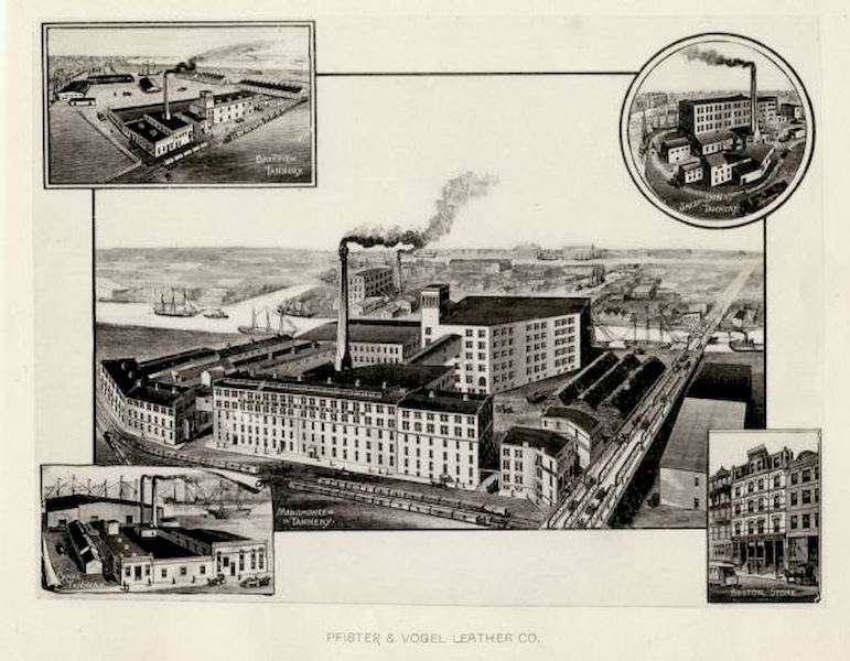 Engraving of an elevated view of the Pfister and Vogel Leather Company Menomonee Tannery in Milwaukee, 1892