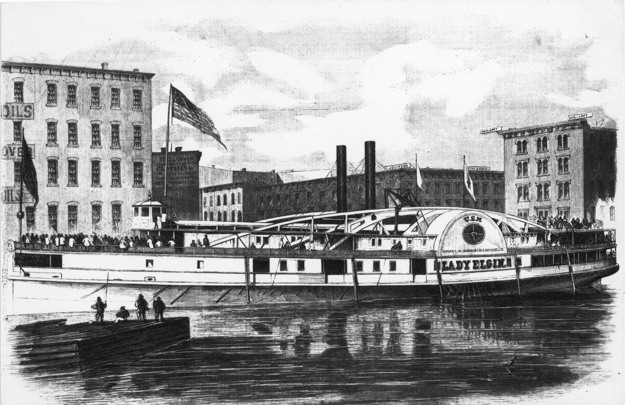 A lithograph from Frank Leslie's Illustrated Newspaper of the Lady Elgin docked, 1860