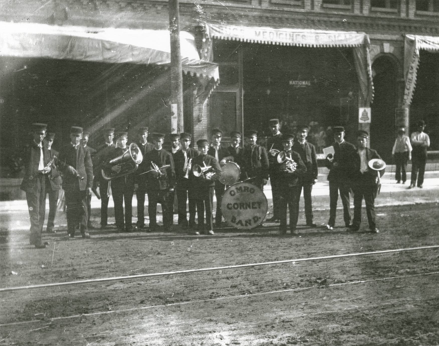 The Omro Cornet Band musters on Main Street, 1890