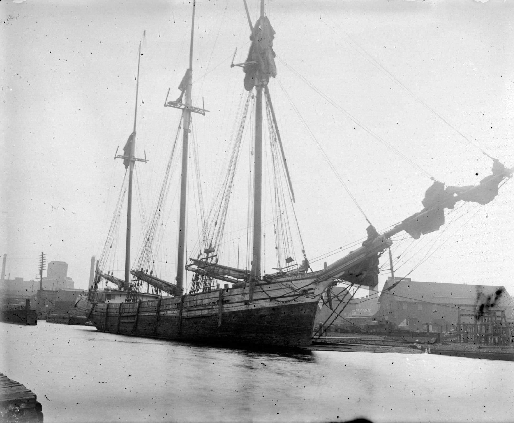 A large sailing ship docked in Milwaukee Harbor, Milwaukee, Wisconsin, 1898.