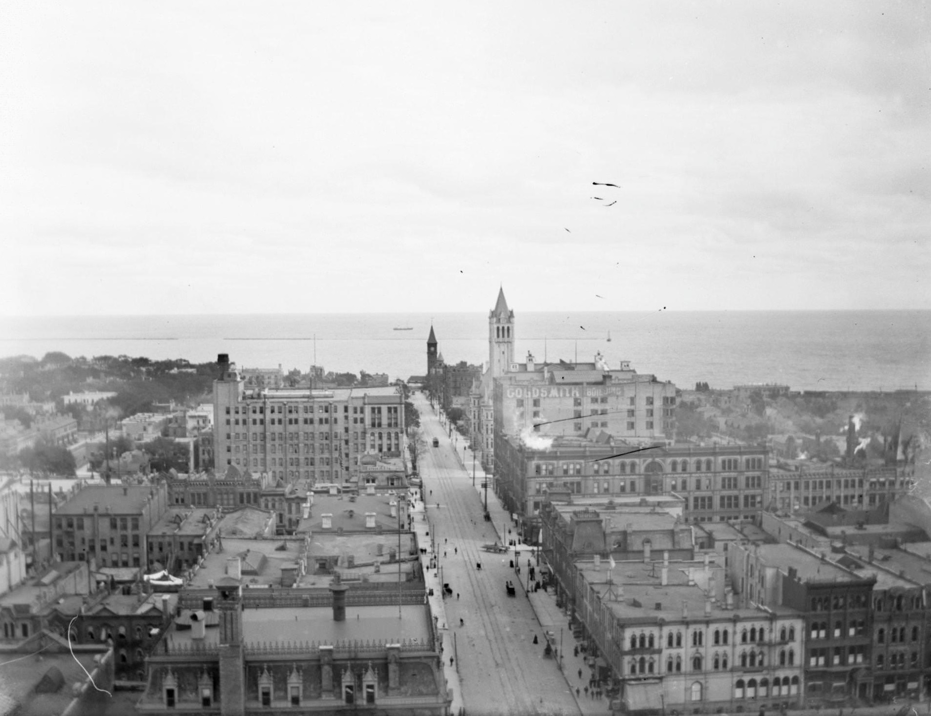 Elevated view from the top of the Pabst Building down East Wisconsin Avenue all the way to Milwaukee Bay and out to the horizon of Lake Michigan, Milwaukee, Wisconsin, 1898.