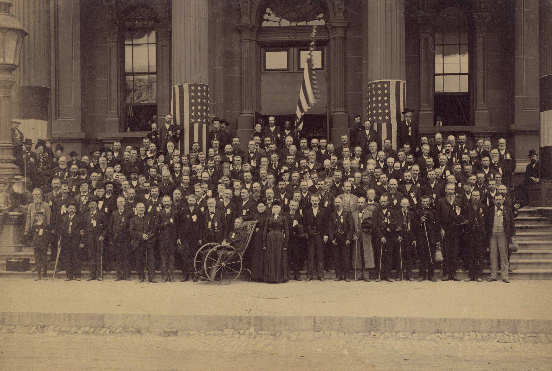 Formal outdoor group portrait of the 29th Wisconsin Infantry Volunteers, Milwaukee, Wisconsin, August 1889.