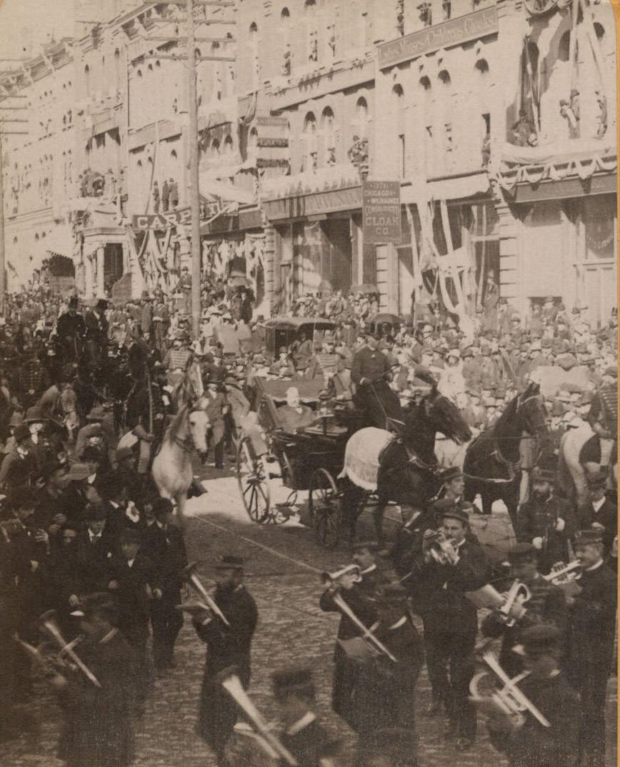 A parade for President Grover Cleveland's Milwaukee visit during his Goodwill Tour, Milwaukee, Wisconsin, October 1887.