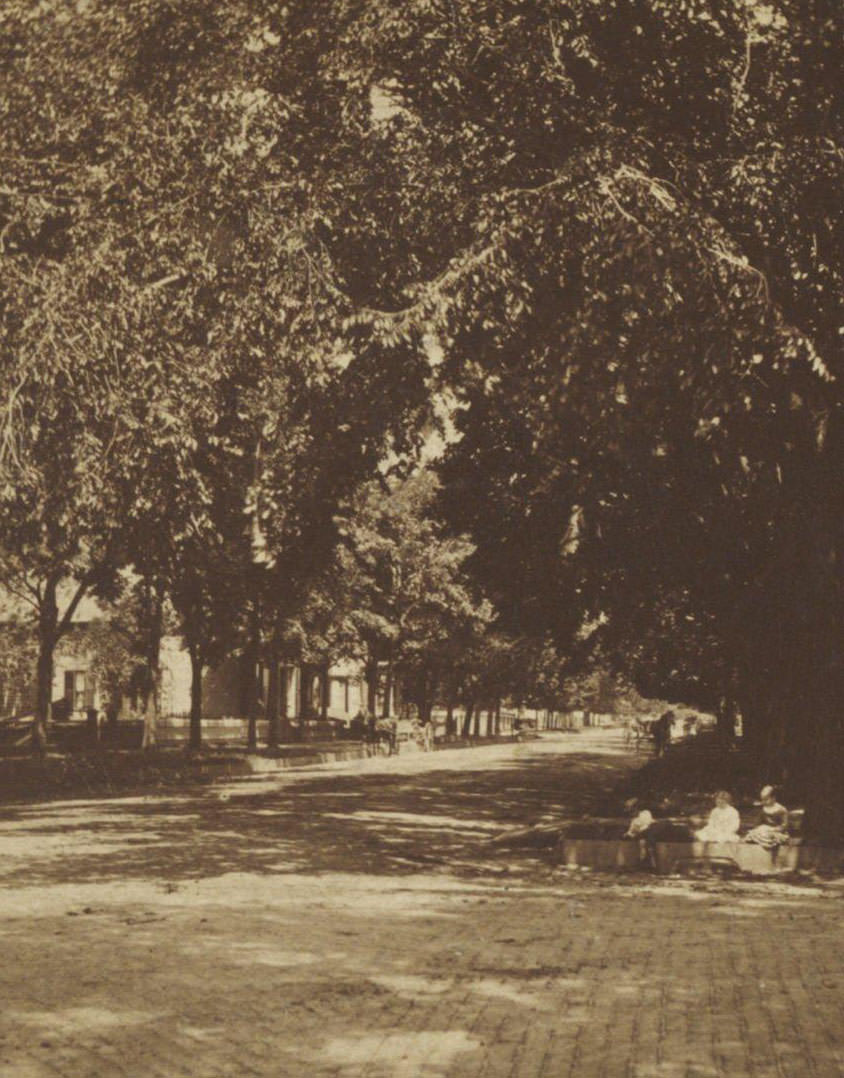 View along Van Buren Street, looking north from Mason Street, Milwaukee, Wisconsin, 1885.