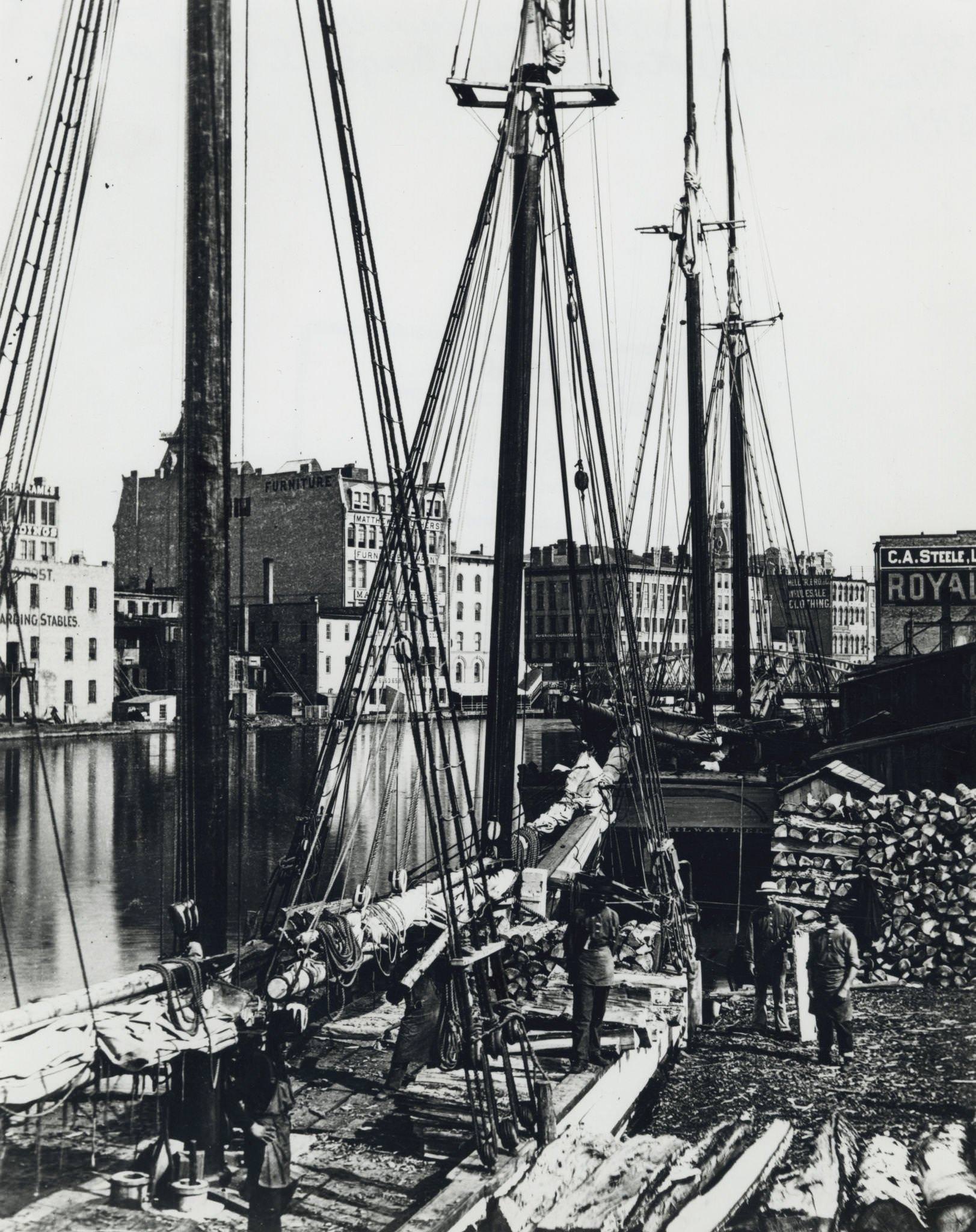 Elevated view of a deck of a schooner hauling lumber, Milwaukee, Wisconsin, 1875.