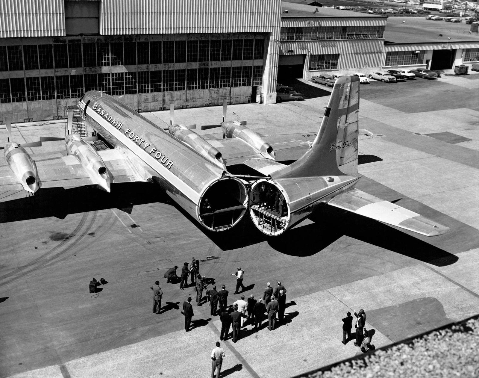 A Canadair CL-44 swing-tail turboprop freight liner ready for loading, Montreal, Canada, May 1, 1961.