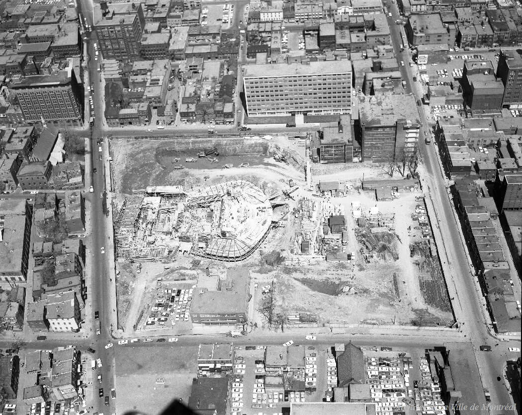 Aerial view of the Place des Arts site, 1962