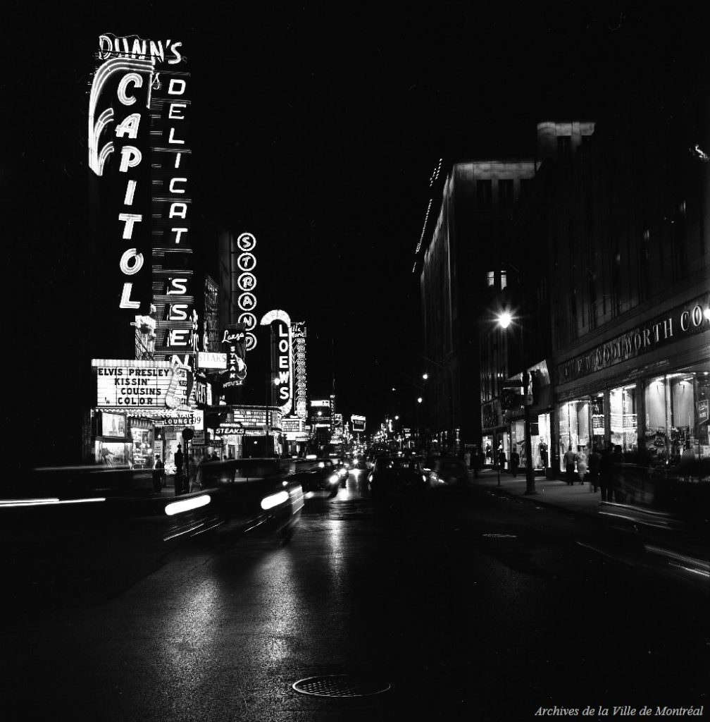 Sainte Catherine Street at night, 1964