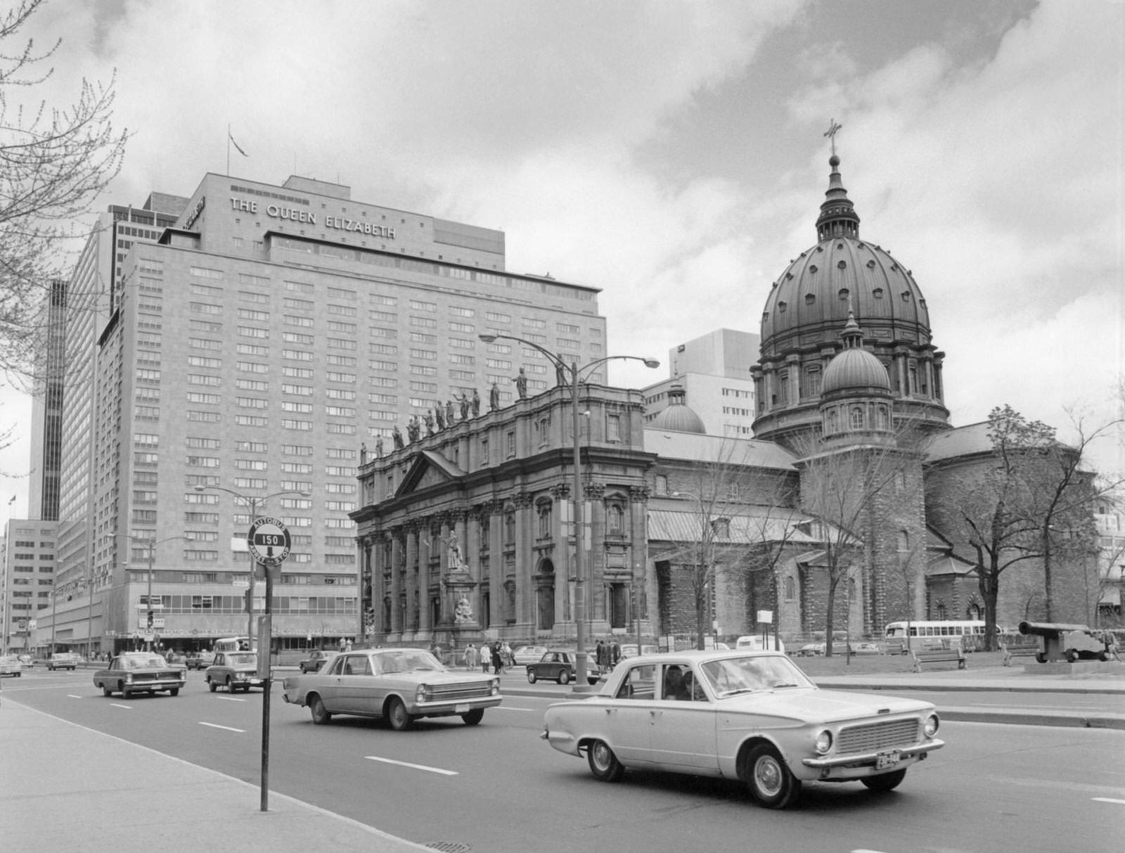 Queen Elizabeth Hotel, with Mary, Queen of the World Cathedral in the foreground, Montreal, 1960s