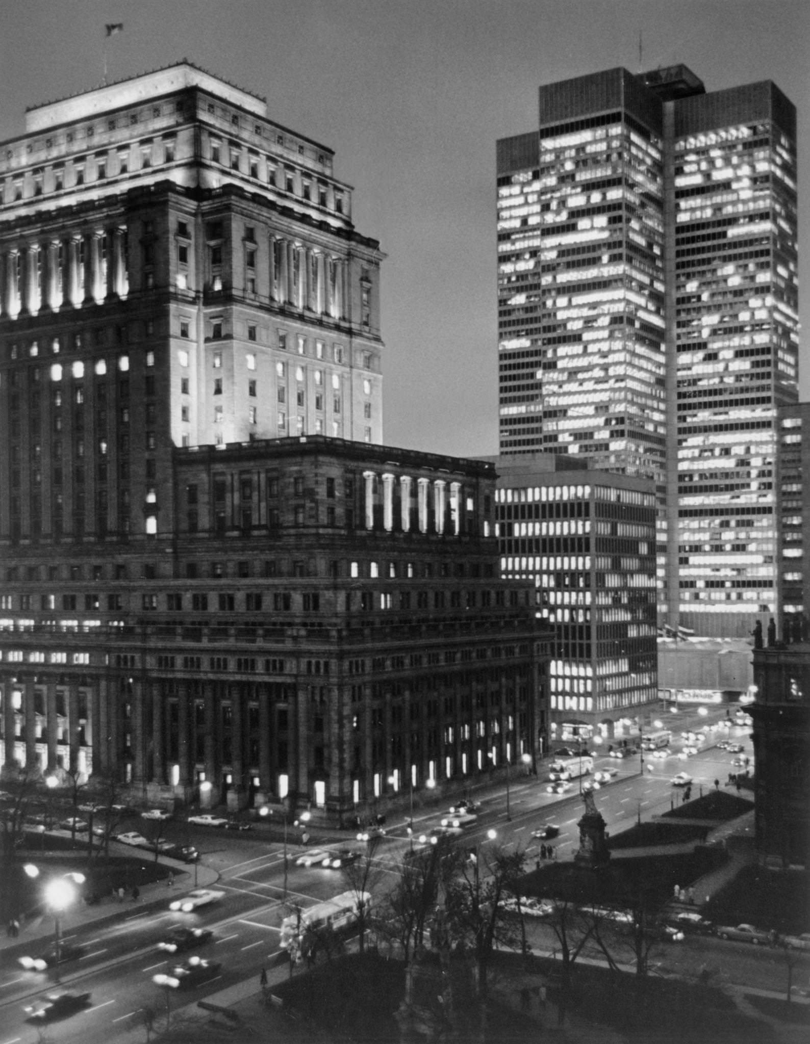 High-rise buildings in the evening, Montreal, 1960s