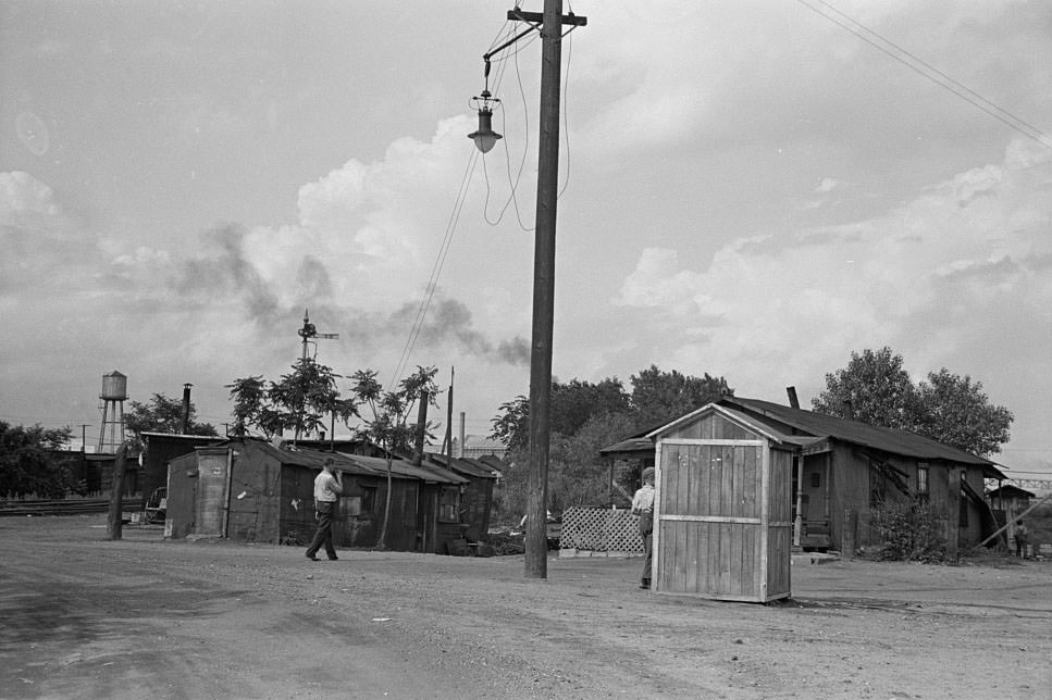 Slums at Cinder Point between railroad and Illinois River, Peoria, Illinois, 1938