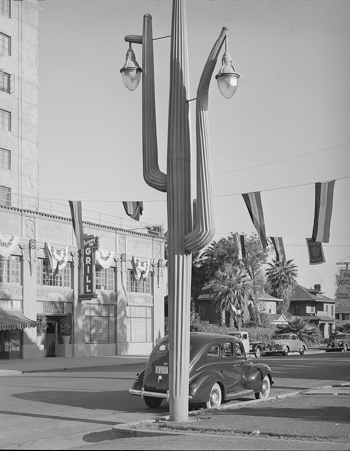 Cactus light standard in front of hotel in Phoenix, Arizona, 1940