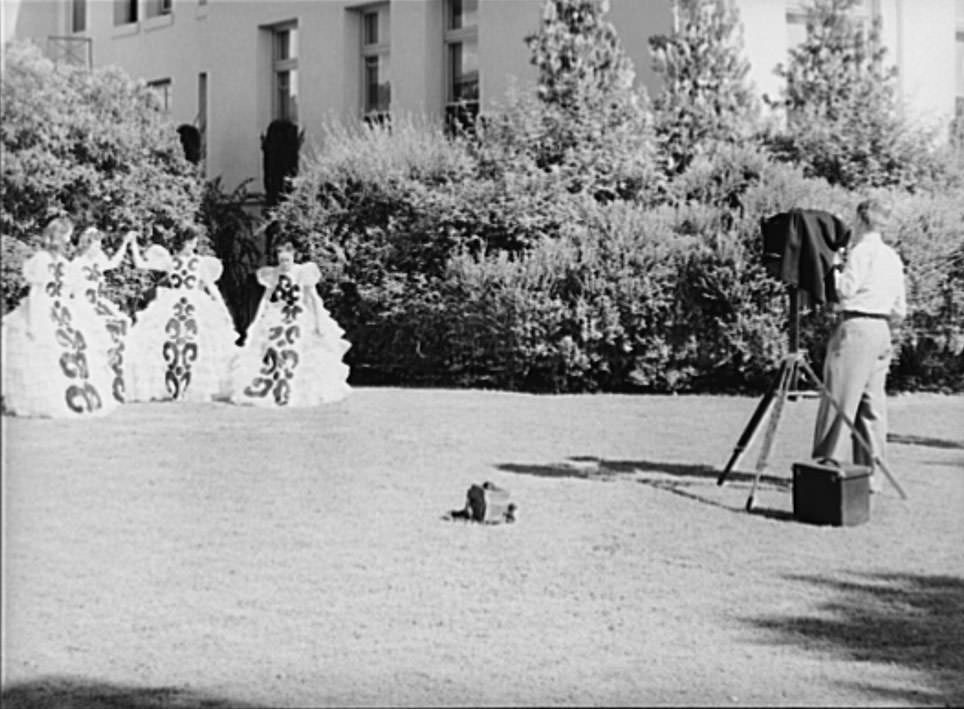 Young high school girls being photographed in their graduation play costumes, Phoenix, Arizona, 1940