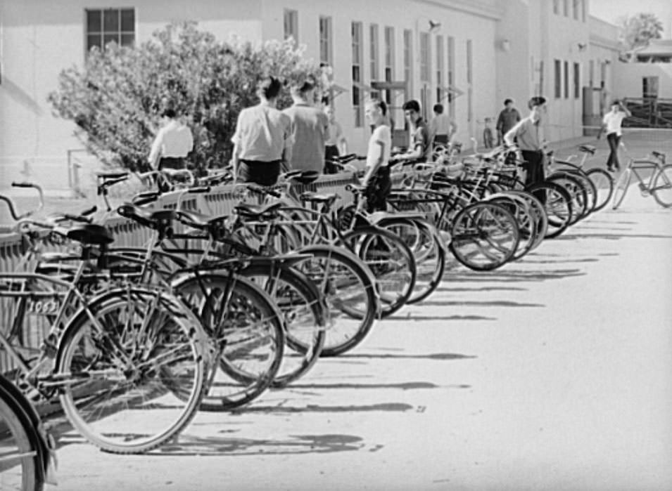 Row of bicycles belonging to students of Phoenix Union High School, Phoenix, Arizona, 1940