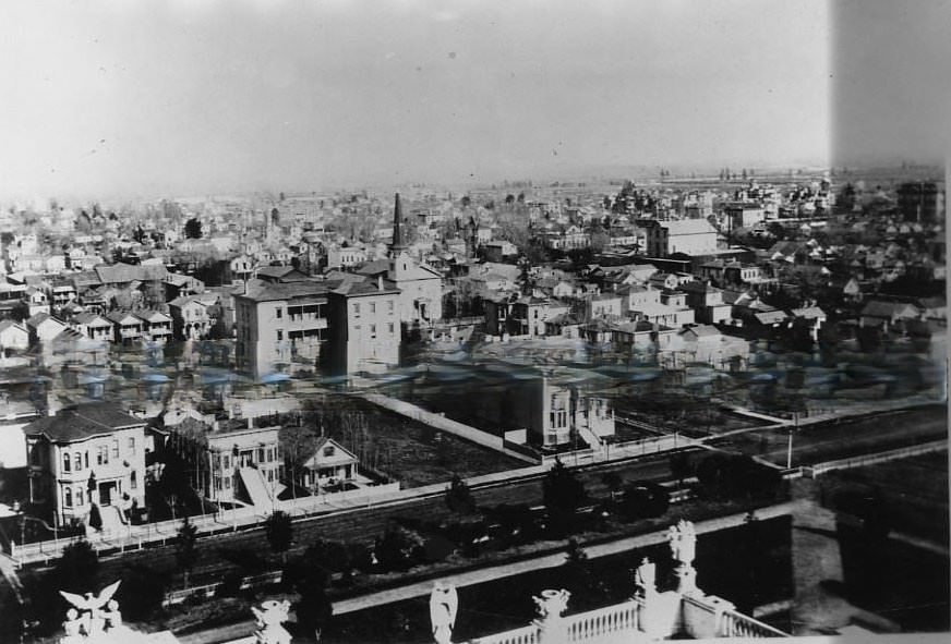 Sacramento City from the California state capitol looking northeast, 1880