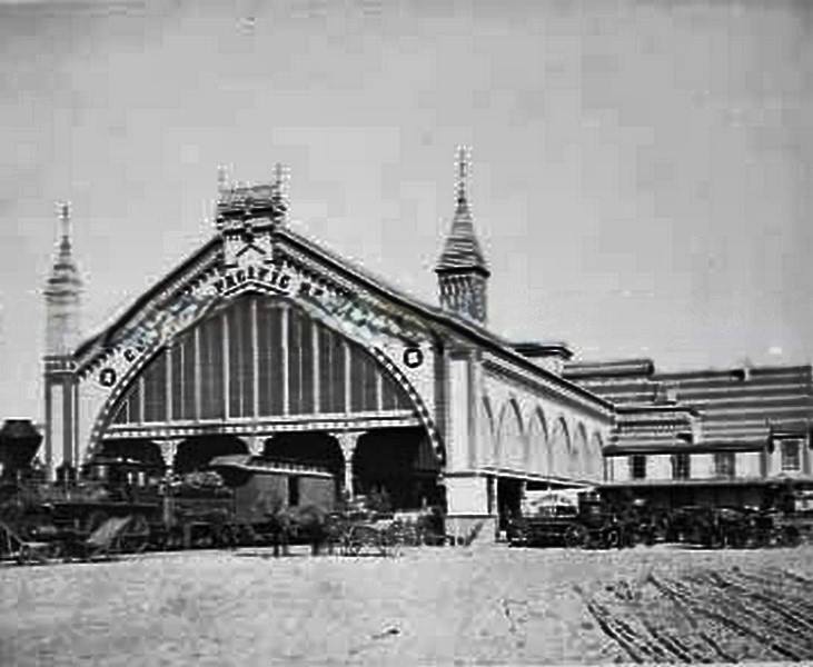 Central Pacific Railroad Depot with Western Hotel coach at the depot, 1880