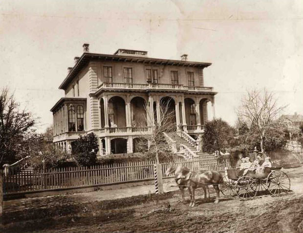 Exterior view of Edwin Bryan Crocker's house at 8th and F Streets in Sacramento at about 1880.