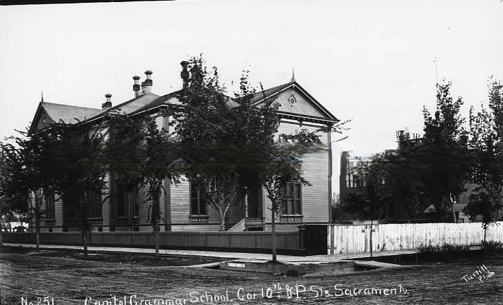 Exterior view of Capitol Grammar School at the corner of 10th and P Streets, 1886.