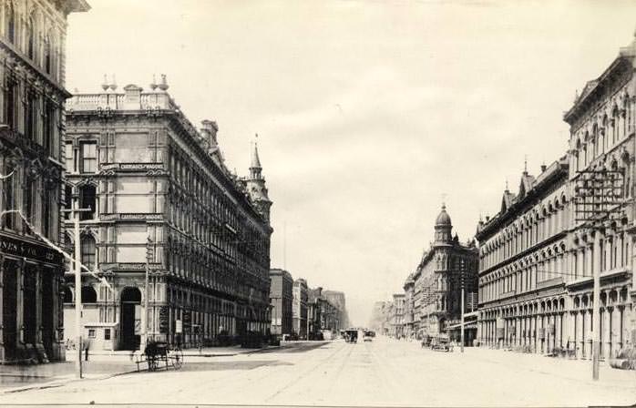 Market Street looking west from Davis Street, 1888