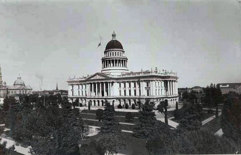 View of the Capitol building from 10th and N Streets; cathedral at left, 1885