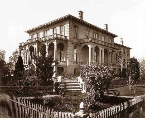 Exterior view of Edwin Bryan Crocker's house at 8th and F Streets in Sacramento, 1880.
