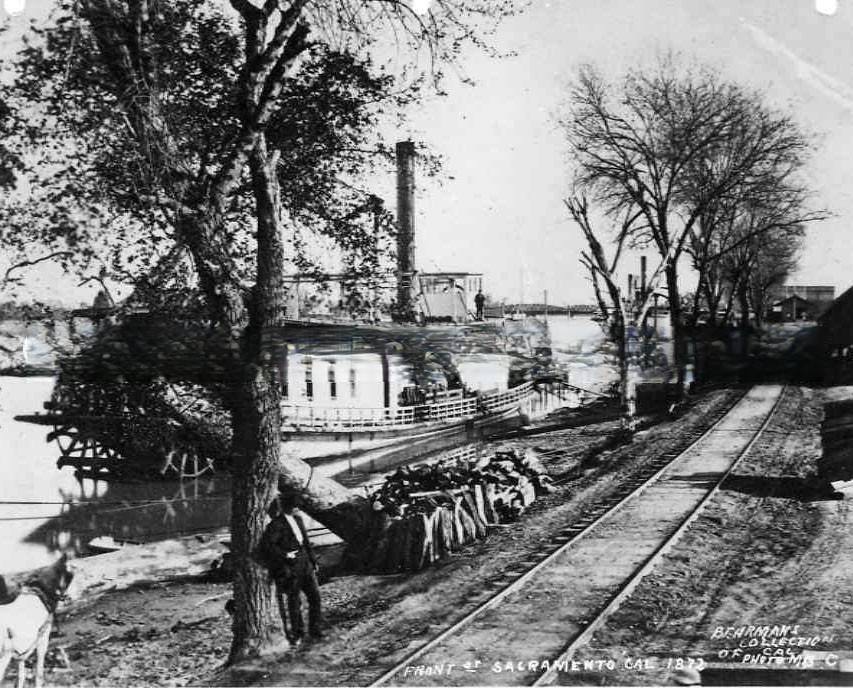 Sacramento wharf, stemboat docked, 1881