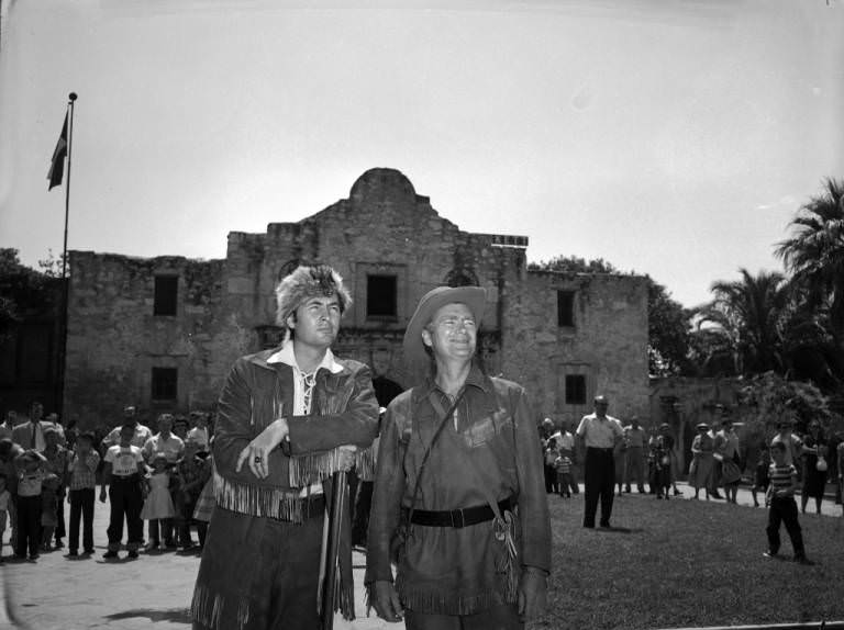 Fess Parker and Buddy Ebsen outside the Alamo, 1955