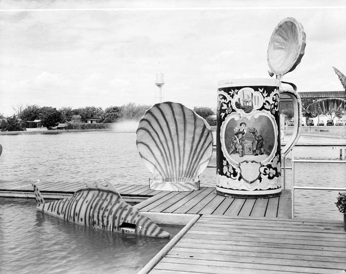 Props used during Lone Star Aquacade at lake on grounds of Lone Star Brewing Company, 1954