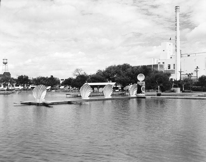 Props used during Lone Star Aquacade at lake on grounds of Lone Star Brewing Company, 1954