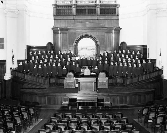 First Baptist Church choir inside church on Fourth Street, 1950s