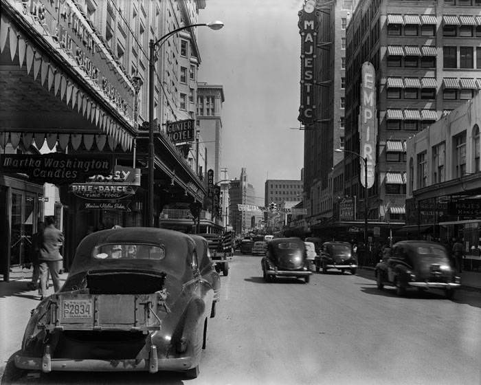 E. Houston Street looking east toward intersection of N. St. Mary's Street, San Antonio, Texas, 1950