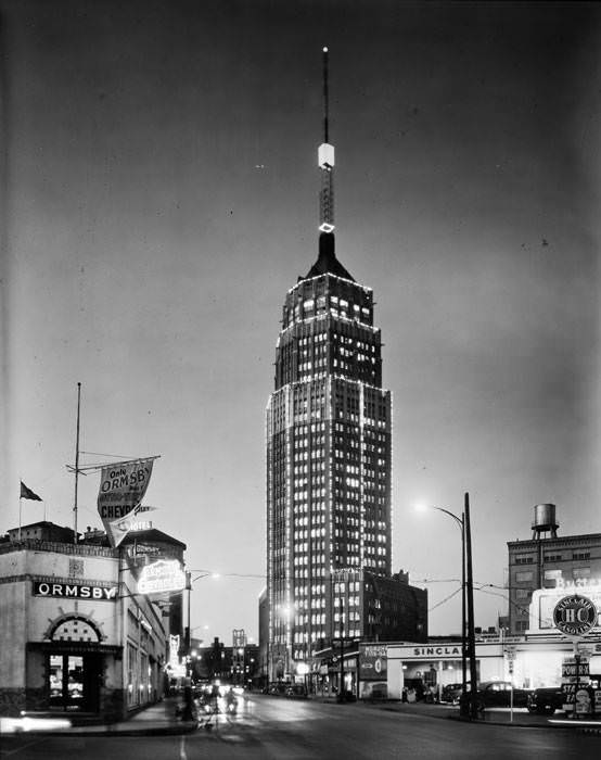 Transit Tower (former Smith-Young Tower) decorated with Christmas lights, 1950