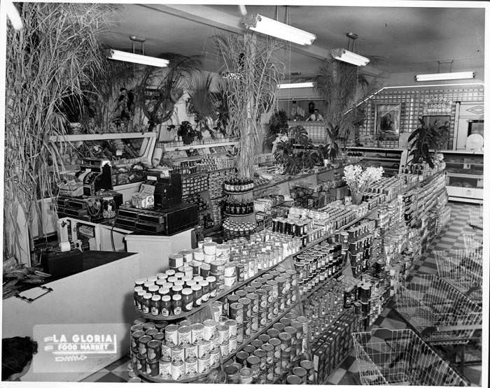 Interior of La Gloria Food Market, 701 S. Laredo Street, San Antonio, Texas, July 1950