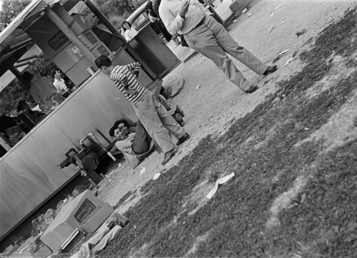 Individuals outside a food vendor in San Antonio, 1950s