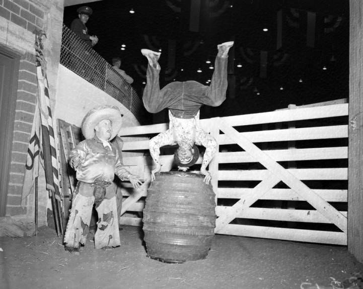 Famous rodeo clowns Jack Kemp (left) and Jimmy Schumacher, 1950