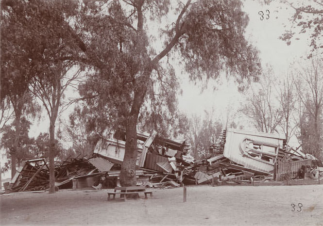 Ruins of Grant School, San Jose, a two story frame building wrecked by the earthquake of April 18, 1906.