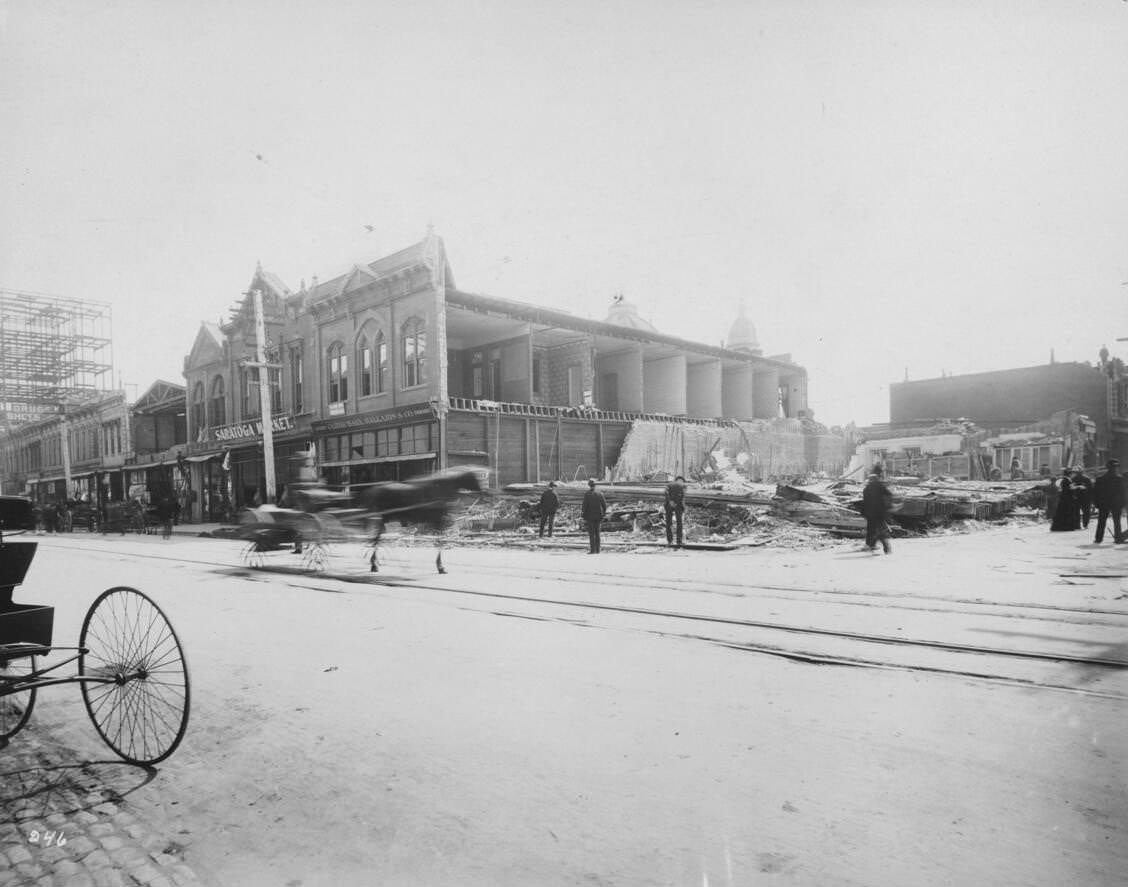 View of San Jose following the 1906 earthquake, showing damage done to a business street.