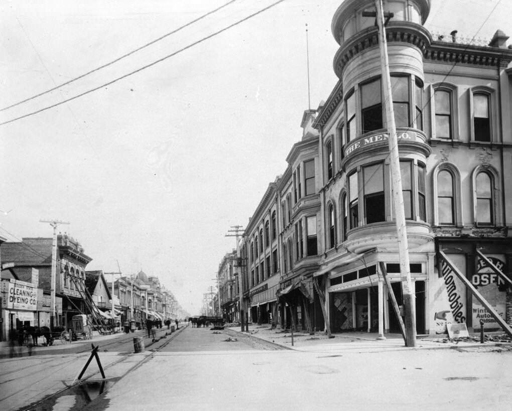 San Jose's Main Street showing damage from the earthquake, 1906