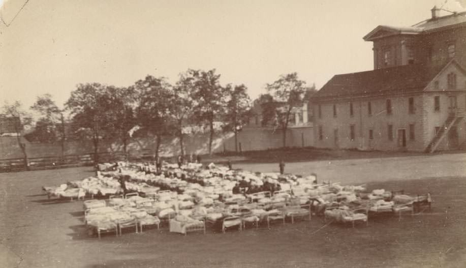 Beds on lawn after the 1906 earthquake.