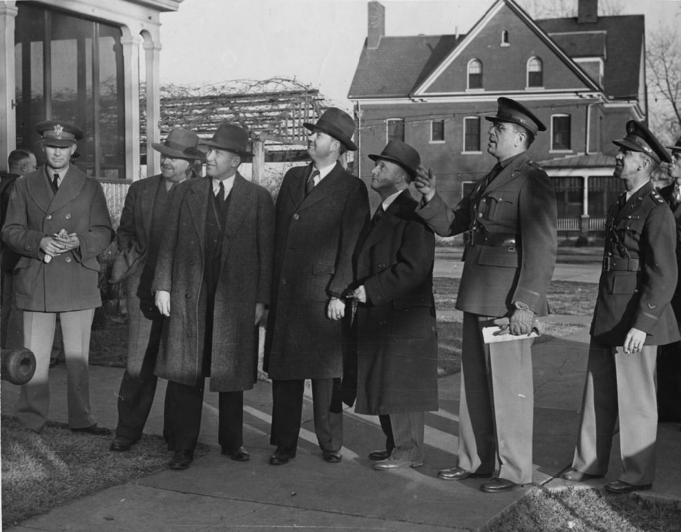 Members of the Congressional Committee, inspecting army posts on a nation-wide scale are shown with officers at Jefferson Barracks in a visit there yesterday afternoon, 1939