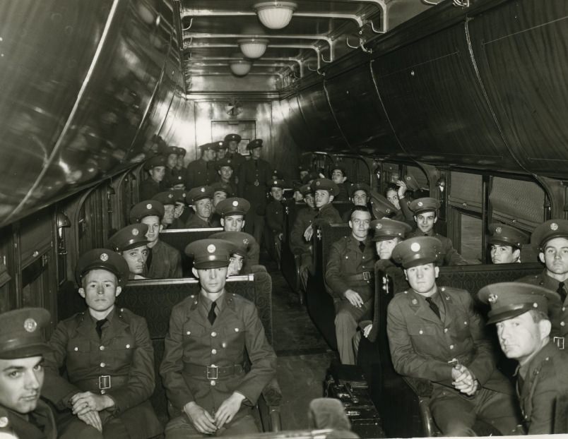Recruits from Jefferson Barracks ride the train to the Pacific Coast, 1939