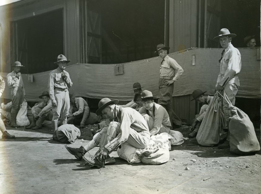 A section of the student army at Jefferson Barracks donning campaign uniforms, 1932.