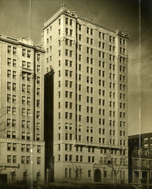 The Park Royal Apartments (also known as the President Apartments), fifteen stories in height and containing fifty-six large suites, has just been completed at 4605 Lindell Boulevard, 1930