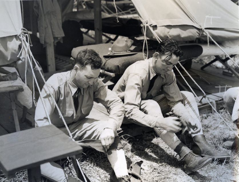 This quintet of Citizens' Military Training Camp students was photographed had been passed and rationed their equipment, 1935