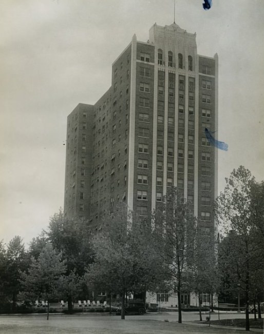 The Pierre Chouteau Apartments, 1934. The structure contains about 60 units, consisting mainly of six rooms and two baths and five rooms and one bath apartments.