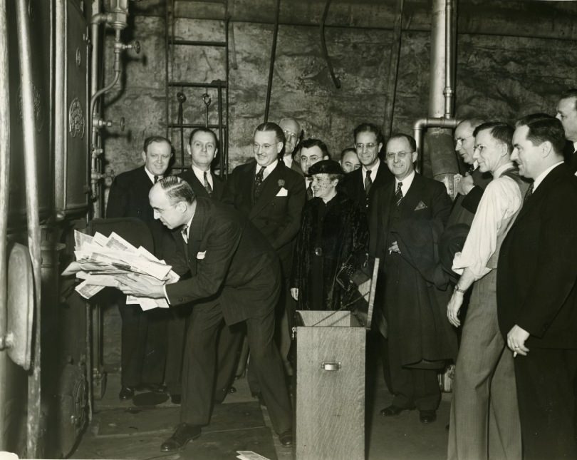 Board of Education Members watch as Redeemed School Boards are Burned, 1938